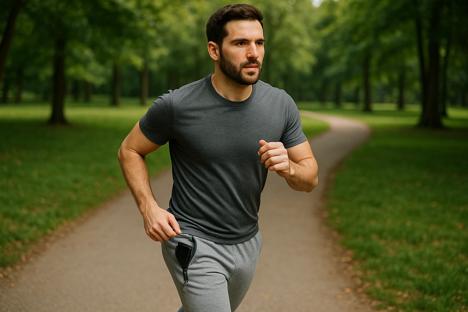 A man jogging in a park wearing grey joggers with strategically placed zip pockets, securely holding his phone and keys.