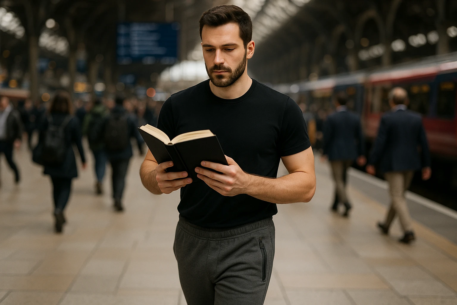 A commuter confidently walking through a busy train station wearing joggers with secure zippered pockets, holding essential items safely without needing to search through them.