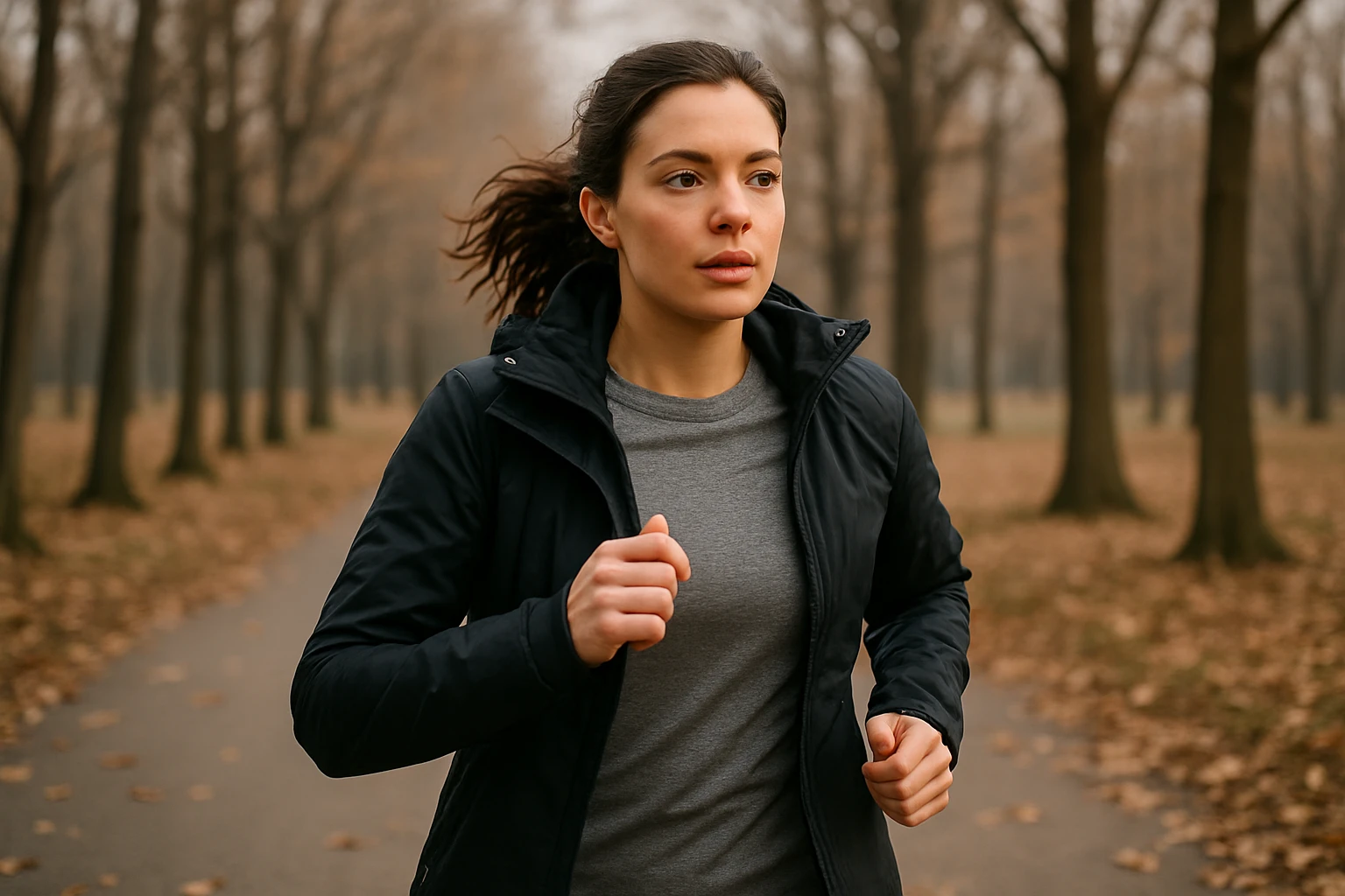 A woman jogging in a park wearing a long-sleeve thermal top and layered outerwear, surrounded by bare trees on a crisp autumn day.
