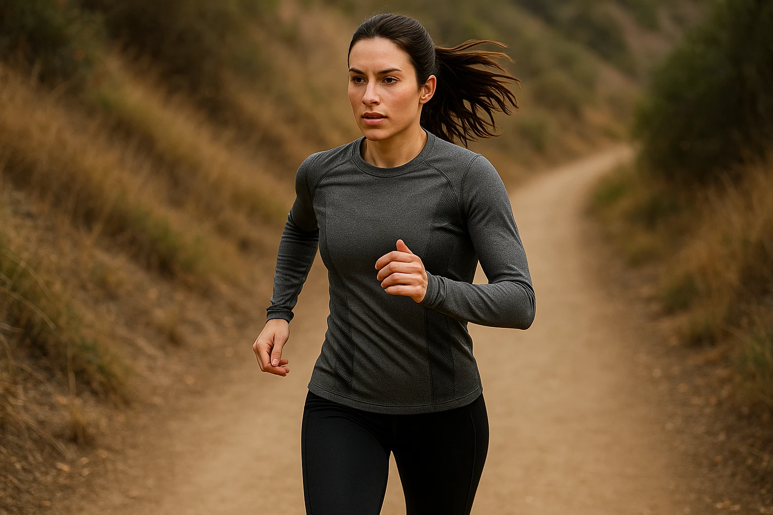 A female athlete running on a trail wearing long-sleeve thermal layers with clearly visible moisture-wicking fabric panels.
