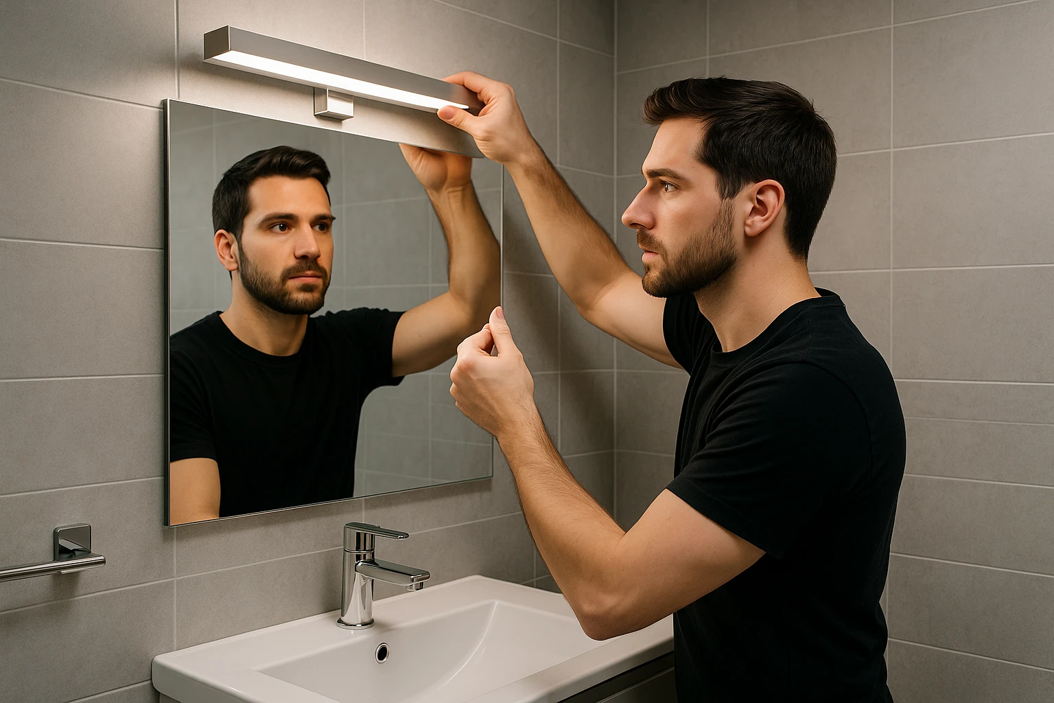 A person adjusting an over-mirror bathroom light while standing in a modern bathroom with sleek fixtures and a large mirror.