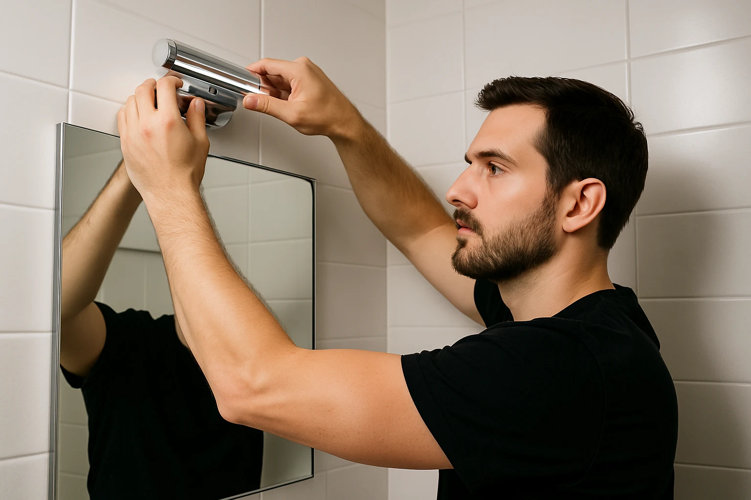 A person installing sleek chrome over-mirror lights in a modern bathroom with white tiles and a large vanity mirror.