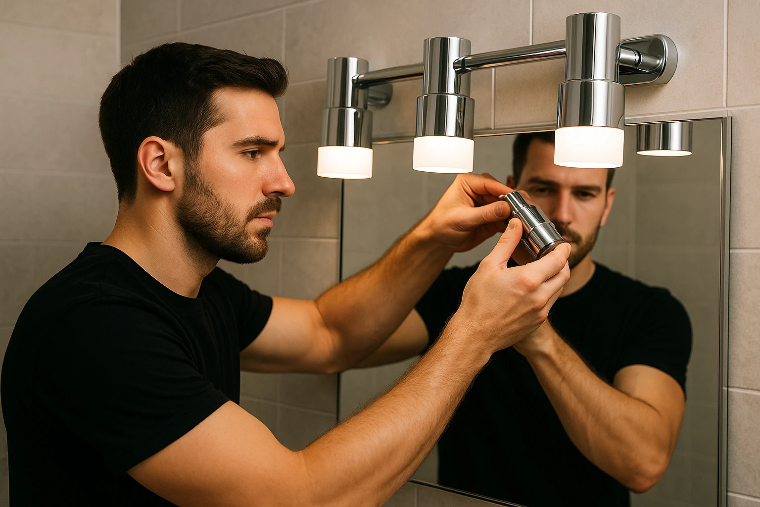 A person installing sleek chrome lighting fixtures around a bathroom mirror for enhanced illumination.