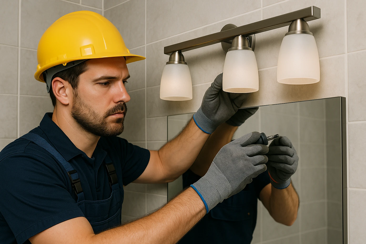 An electrician installing over-mirror lights in a bathroom with attention to safety standards and IP-rated fixtures.