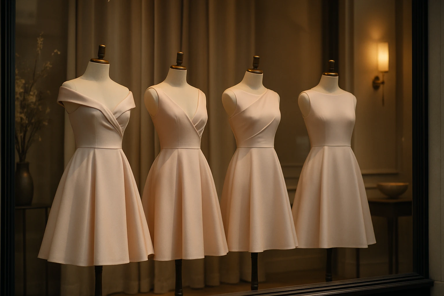 A boutique display window showcasing a collection of elegant petite gowns, each carefully draped on mannequins with perfect proportions, against a backdrop of soft, ambient lighting and stylish décor.