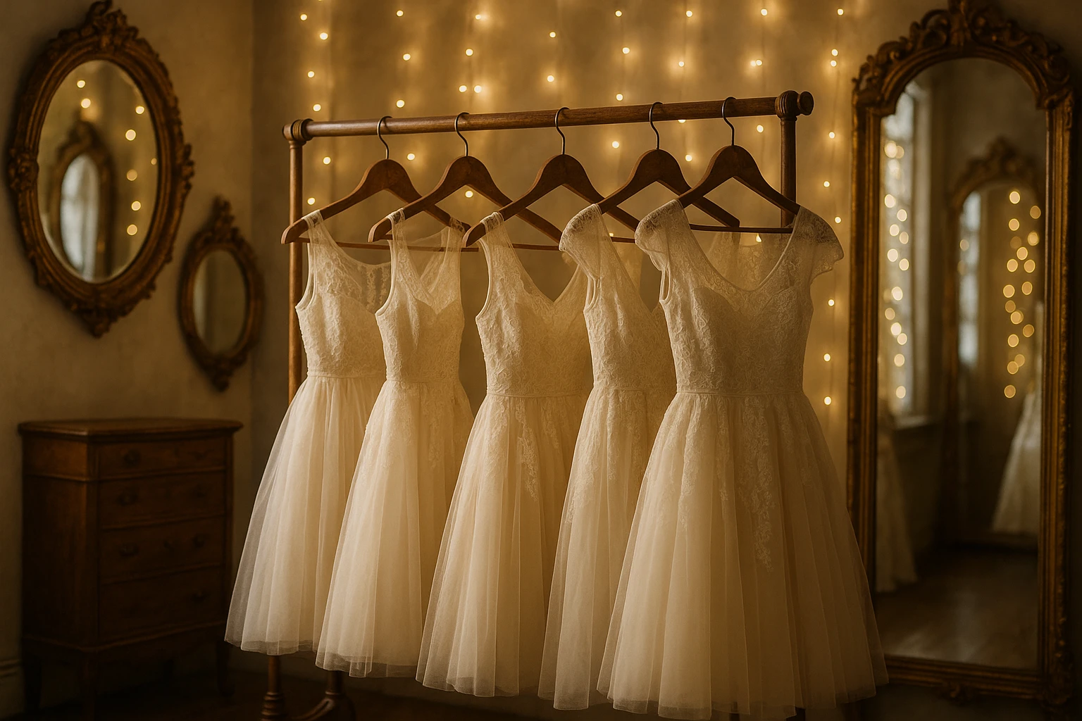 A charming boutique interior displaying petite gowns on vintage wooden hangers, surrounded by antique mirrors and soft, cascading fairy lights, with intricate lace patterns reflecting in the warm glow of the ambient lighting.
