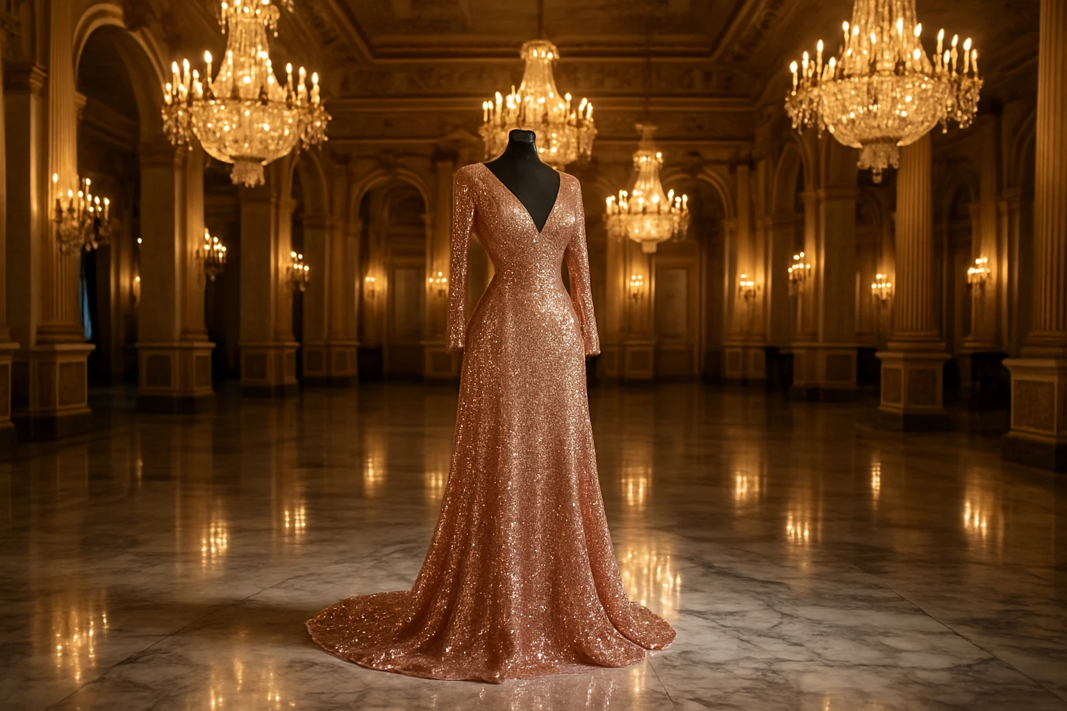 A luxurious ballroom setting illuminated by chandeliers, where a sequin gown in shimmering rose gold hangs elegantly on a mannequin, casting reflections on the polished marble floor.