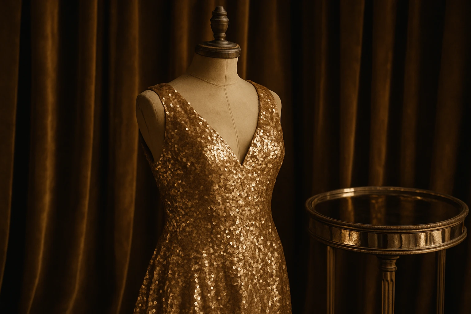 A close-up of a shimmering gold sequin gown draped over an ornate vintage dress form, with an opulent velvet curtain backdrop and a mirrored pedestal reflecting intricate details of the sequins in a softly lit room.
