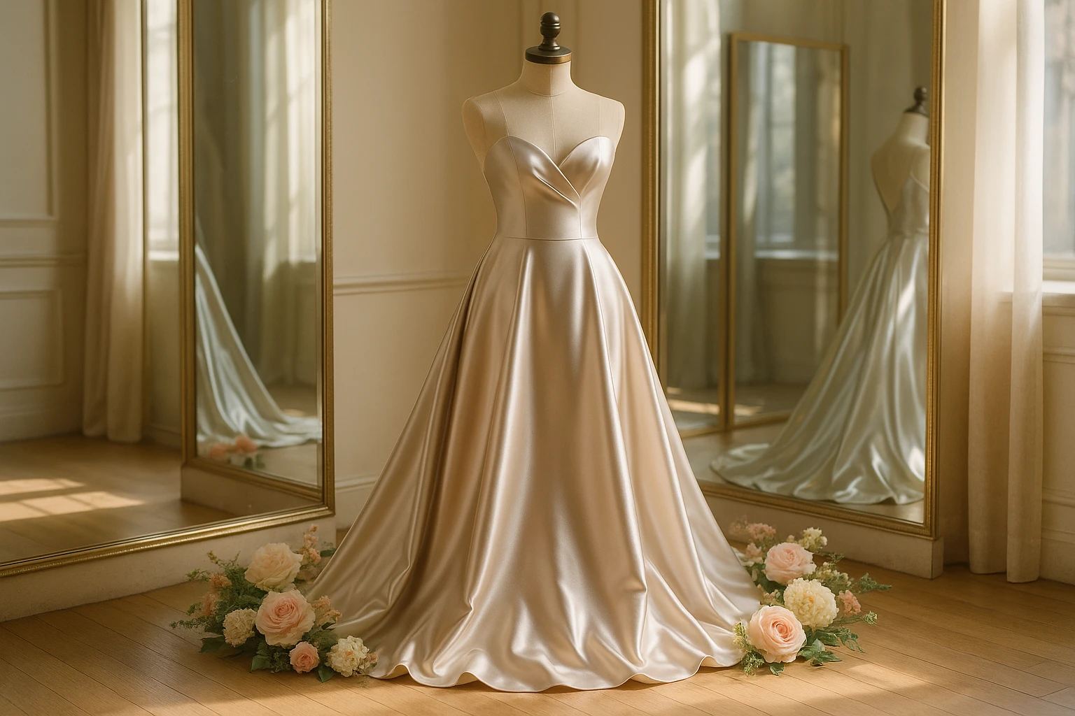 A satin gown displayed elegantly on a mannequin in a sunlit boutique, its lustrous sheen and delicate folds casting soft reflections on nearby mirrors, with pastel-colored flowers arranged artfully around the base.