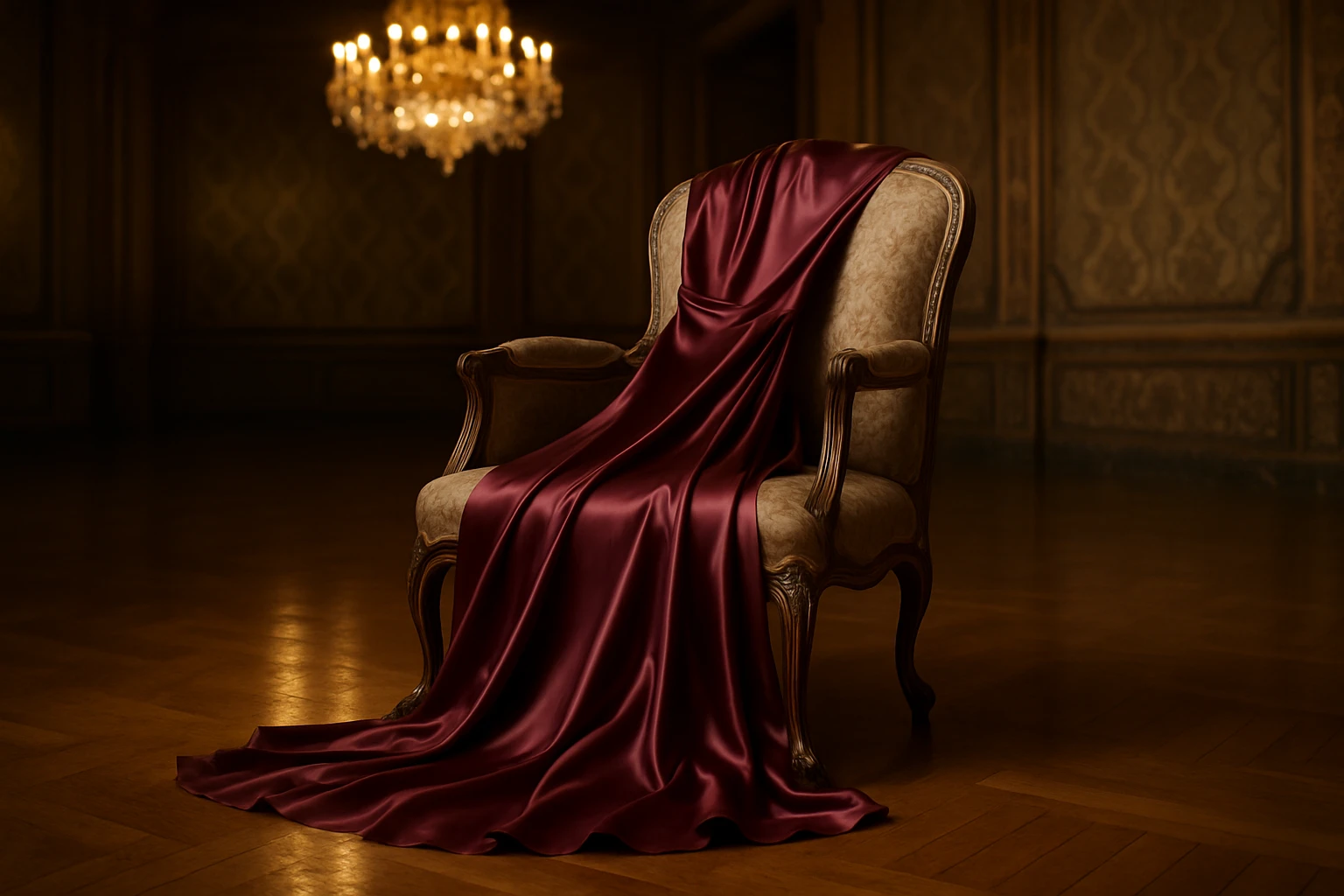 A satin gown elegantly draped over the back of a vintage armchair in a grand, chandelier-lit ballroom, with the gown's rich burgundy hue catching the light against the polished wooden floor, surrounded by elaborately patterned wallpaper.