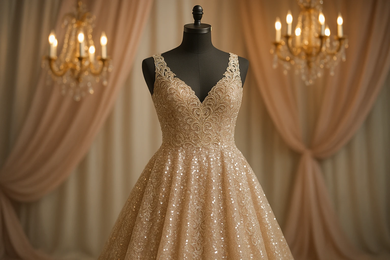 A luxurious homecoming gown displayed on a mannequin, adorned with shimmering sequins and intricate lace patterns, set against a soft backdrop of flowing pastel drapes with elegant chandeliers softly illuminating the scene.