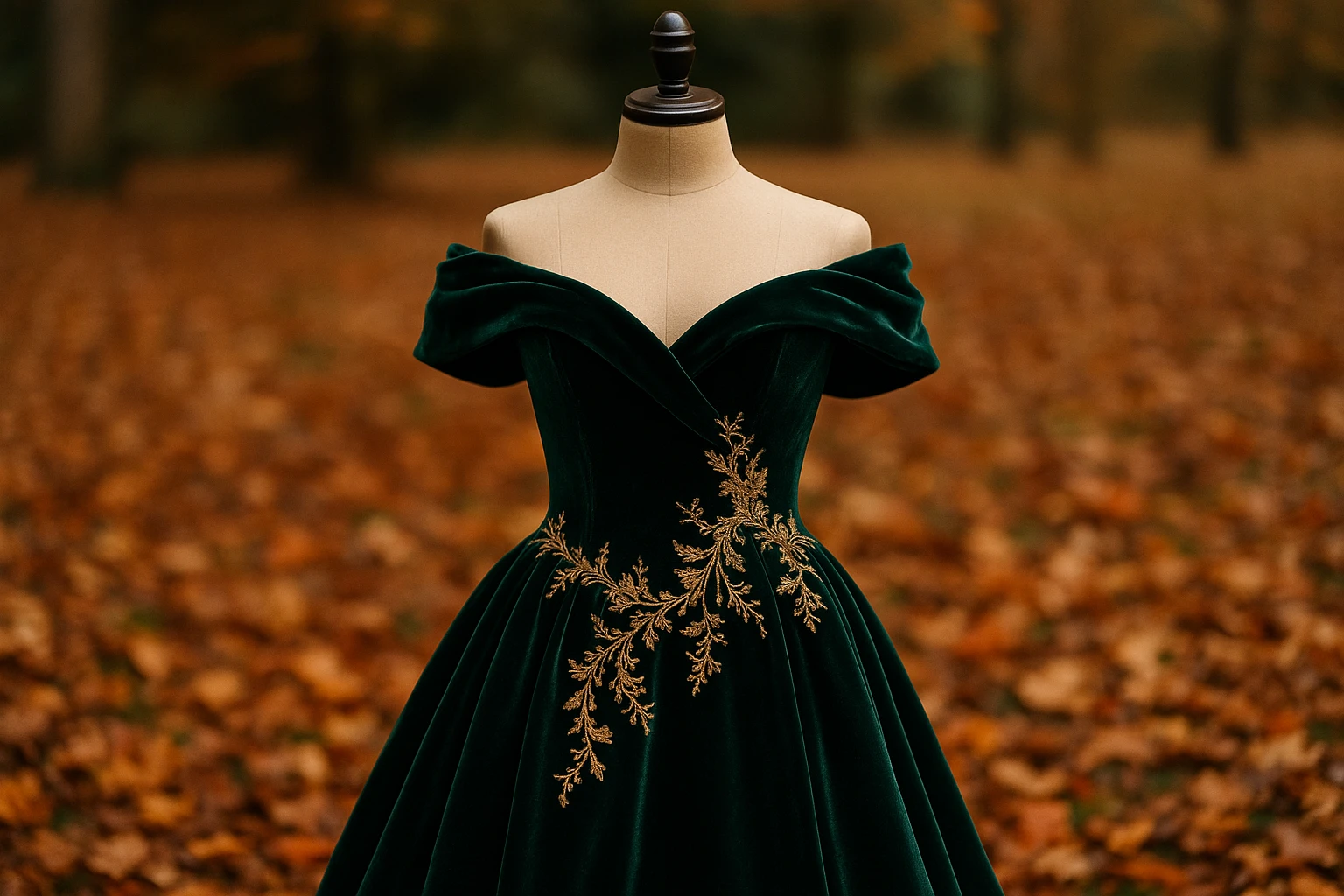 A close-up of a luxurious hoco gown in deep emerald green velvet, featuring a dramatic off-shoulder design and delicate gold embroidery, displayed on a dress form surrounded by a rich carpet of autumn leaves, creating a romantic and seasonal outdoor setting.