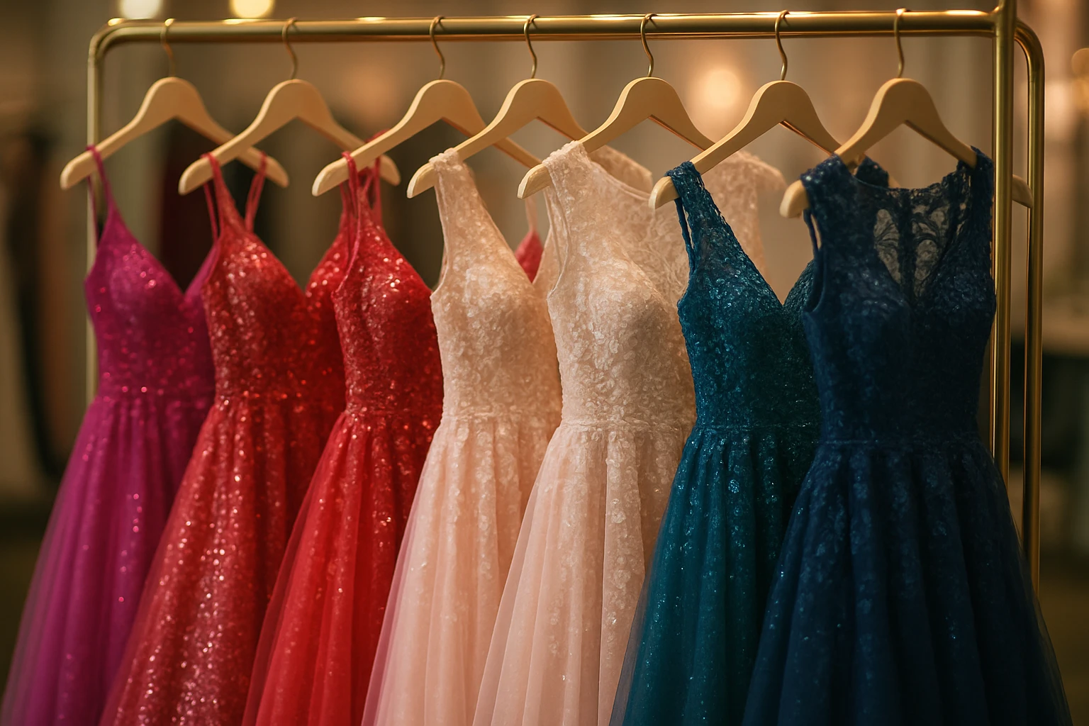 A vibrant display of school dance gowns hangs elegantly on a rack in a chic boutique, each adorned with sequins and lace, reflecting soft, ambient lighting that highlights their intricate details.