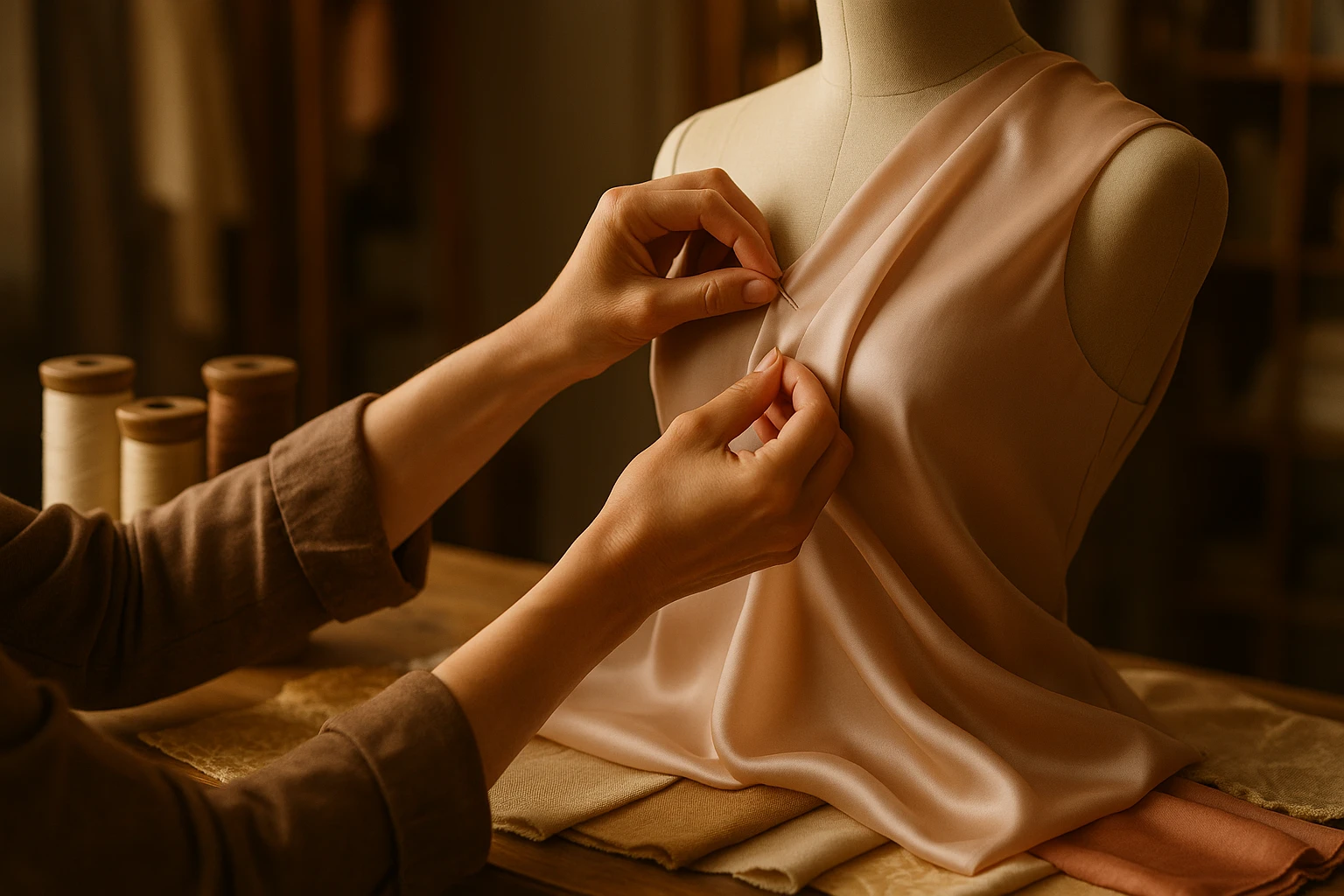 A close-up of a seamstress's hands carefully pinning delicate silk fabric on a mannequin, surrounded by spools of thread and swatches of various luxurious textiles, set in a warm, well-lit atelier.