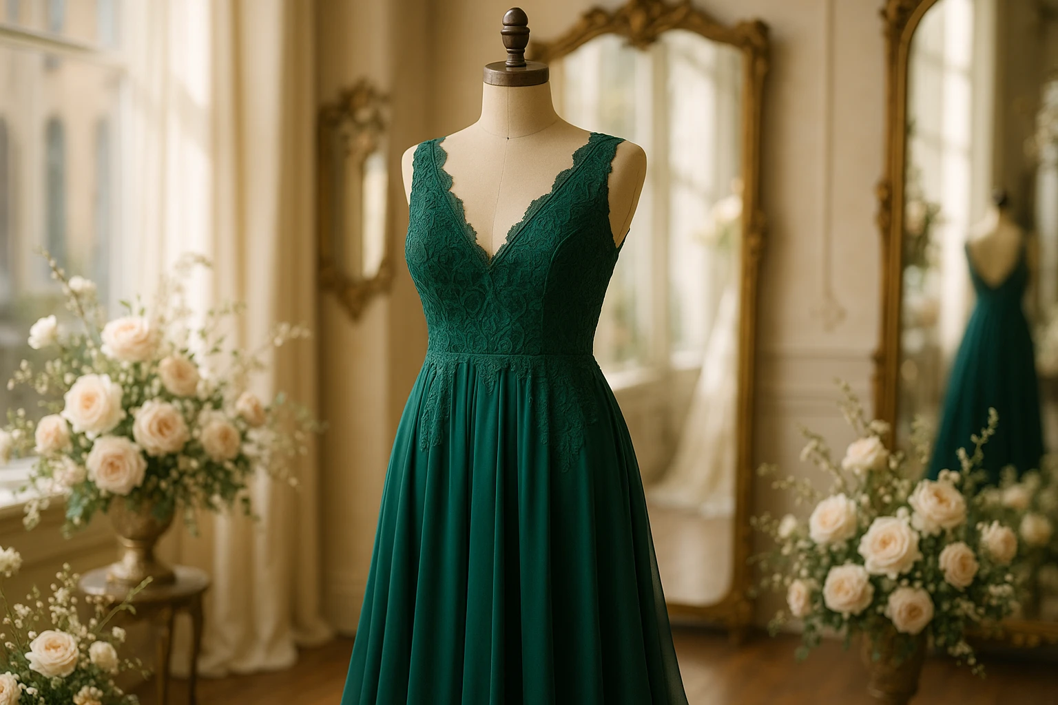 A luxurious, deep emerald maid of honor gown with a flowing chiffon skirt and intricate lace bodice, displayed elegantly on a vintage mannequin in a sunlit bridal boutique, surrounded by delicate floral arrangements and ornate mirrors.