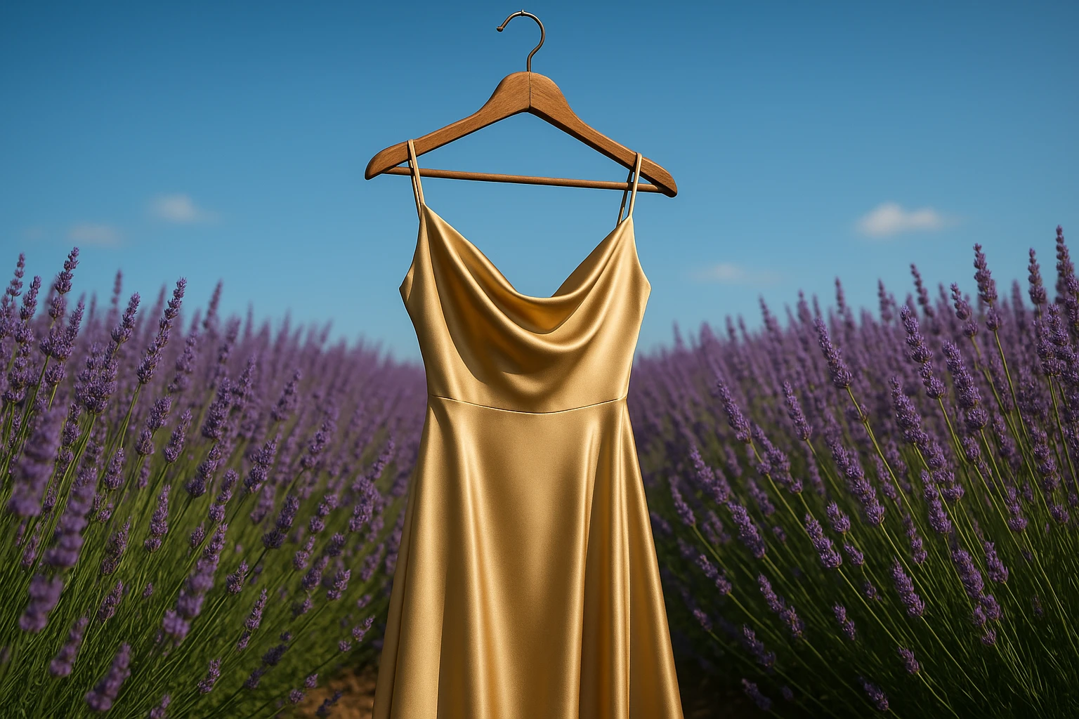 A shimmering gold satin maid of honor gown draped elegantly over a rustic wooden hanger, nestled among blooming lavender fields beneath a vibrant blue sky.