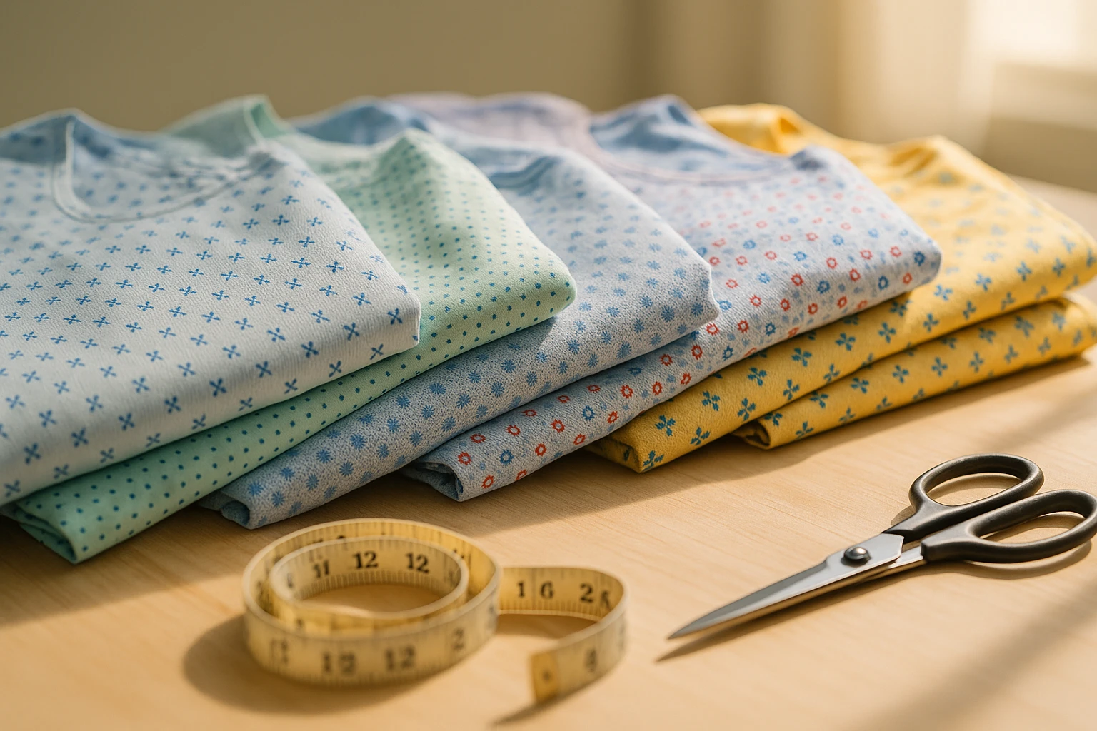 A row of neatly folded clearance hospital gowns, each with its own subtle pattern and vibrant color, laid across a sunlit table with a tape measure and a pair of scissors nearby, illustrating the blend of cost efficiency and quality in healthcare attire.