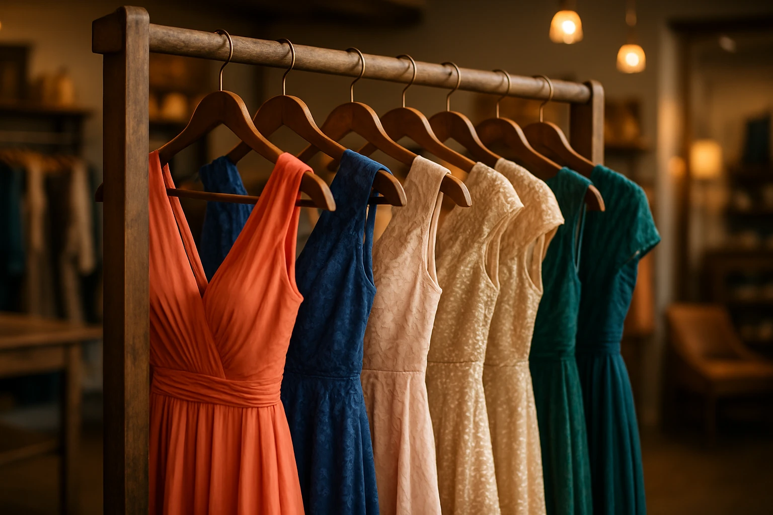 A vibrant retail display showcasing clearance gowns draped elegantly over rustic wooden hangers, set against a backdrop of a cozy boutique interior with soft, ambient lighting illuminating the diverse textures and patterns, highlighting the allure of affordable elegance.