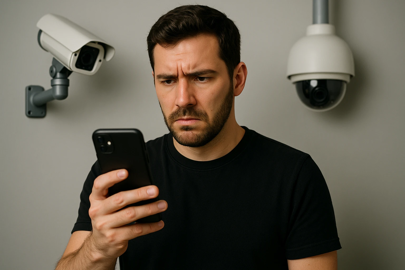 A concerned resident examines their smartphone with a puzzled expression, noticing unusual behavior, while security cameras are visible in the background.