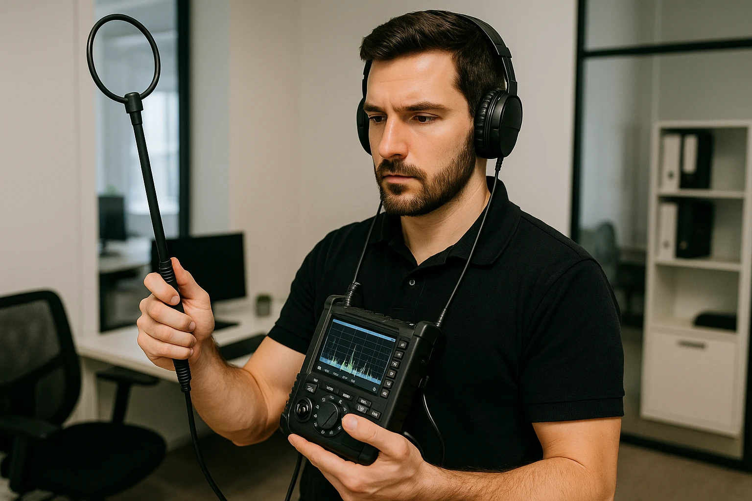 A technician conducting a bug sweep in an office using specialized electronic equipment and tools.