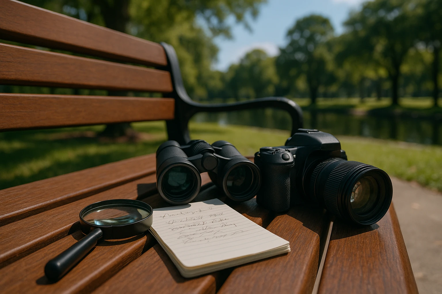 A private investigator's toolkit spread on an outdoor park bench in Orlando, featuring a magnifying glass, binoculars, a notepad with scribbled notes, and a digital camera, set against a backdrop of lush green trees and clear blue skies.