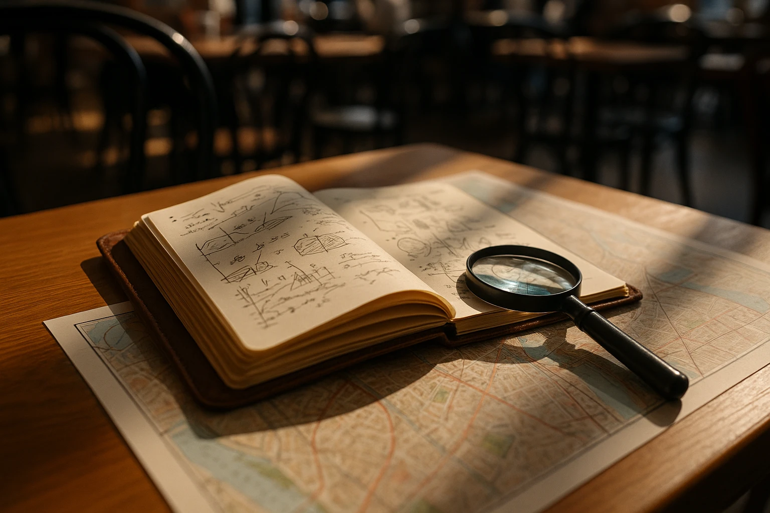 A leather-bound notebook with scribbled notes and sketches, magnifying glass atop a city map, sunlight casting shadows on both in a bustling café setting.