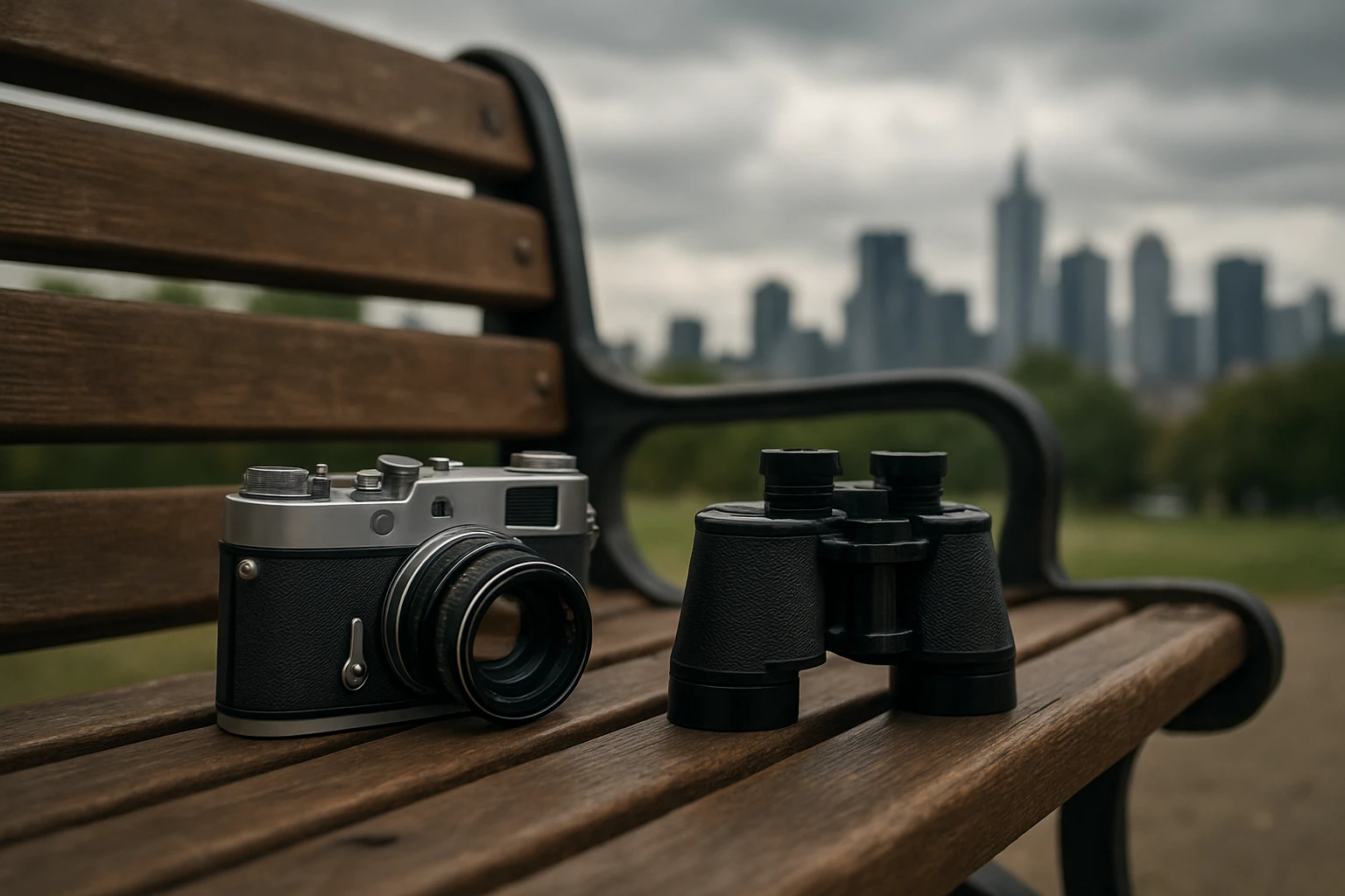 A vintage camera and binoculars resting on a wooden park bench, with a city skyline in the background under a cloudy sky, capturing the essence of observational skills and discretion outdoors.