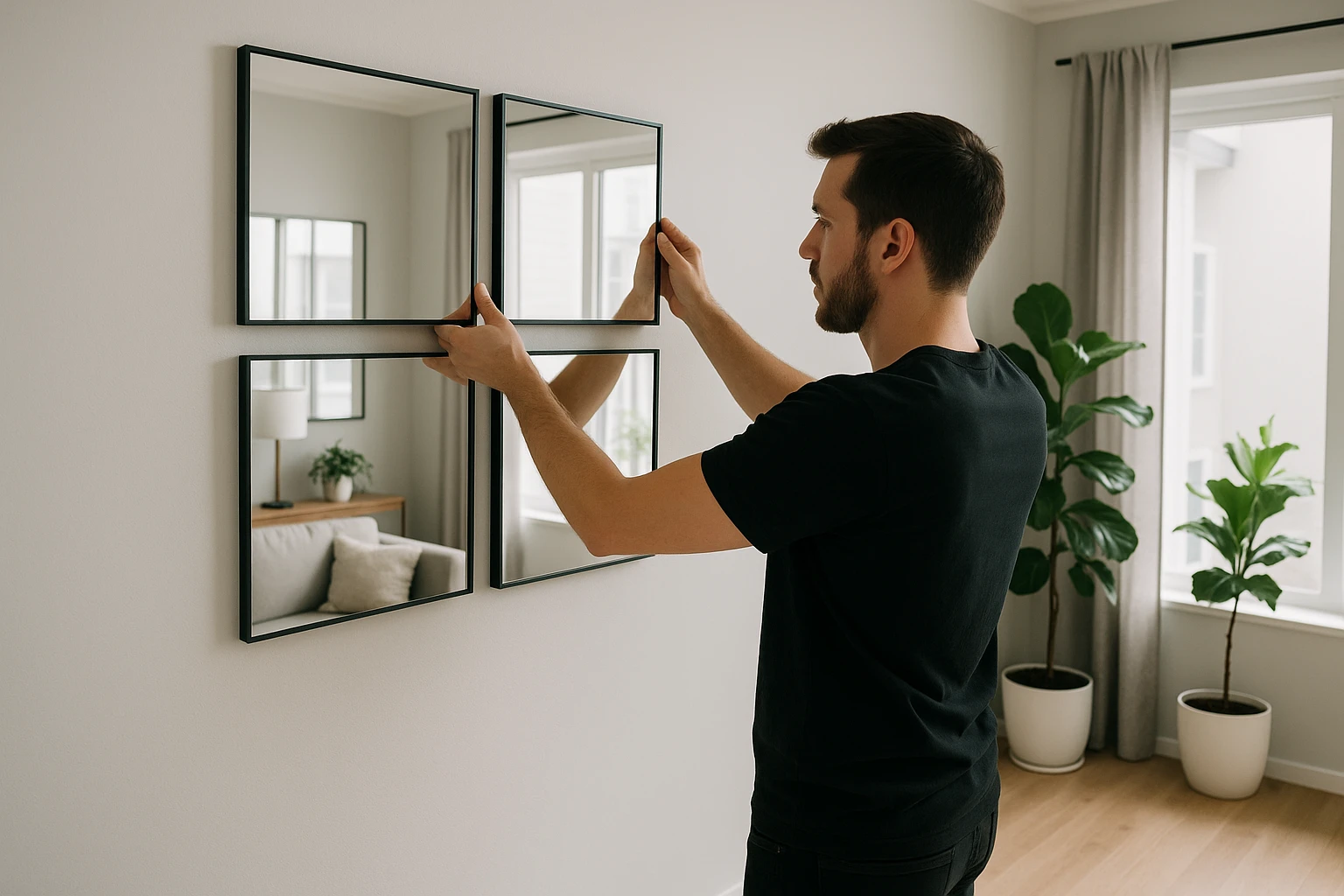 A person arranging mirrors on the walls of a small, modern living room to create an airy and expansive feel.