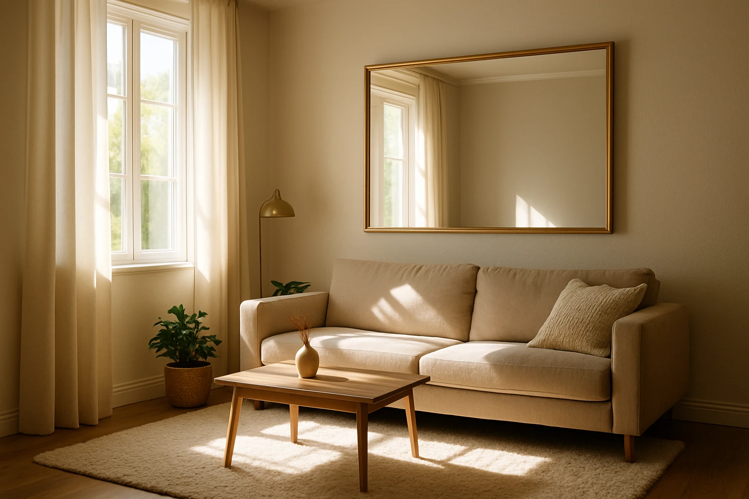 A cosy living room with a large mirror on the wall reflecting sunlight from a nearby window, brightening the space and enhancing its size.