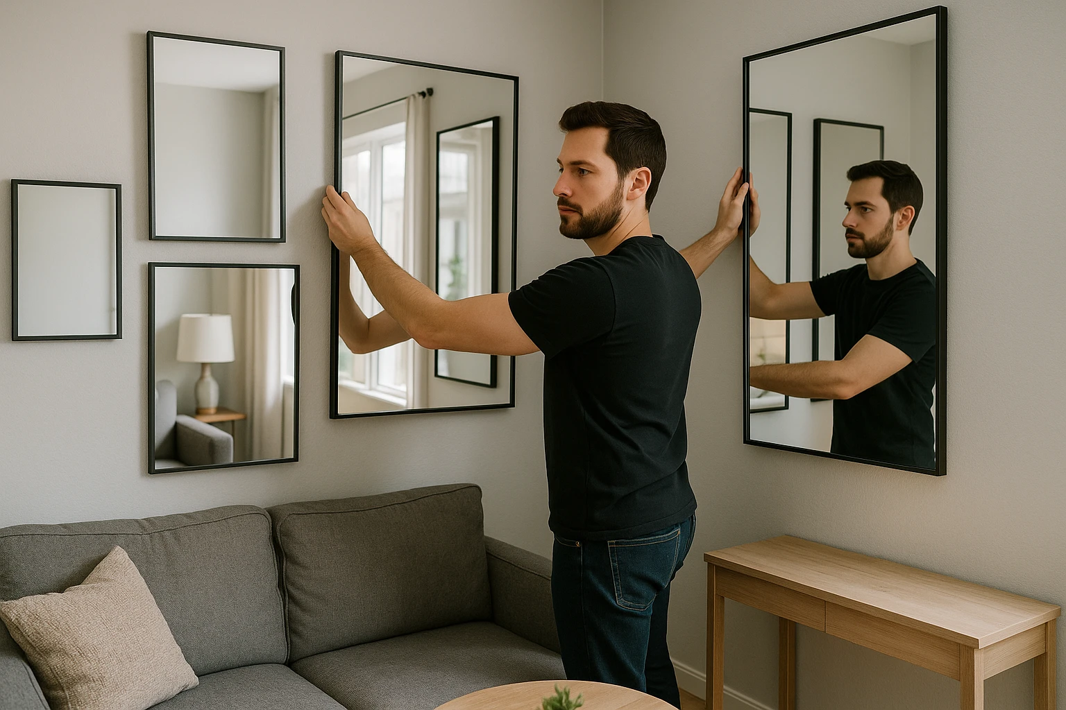 A designer arranging mirrors on the walls of a small living room to maximise light and create the illusion of a larger space.