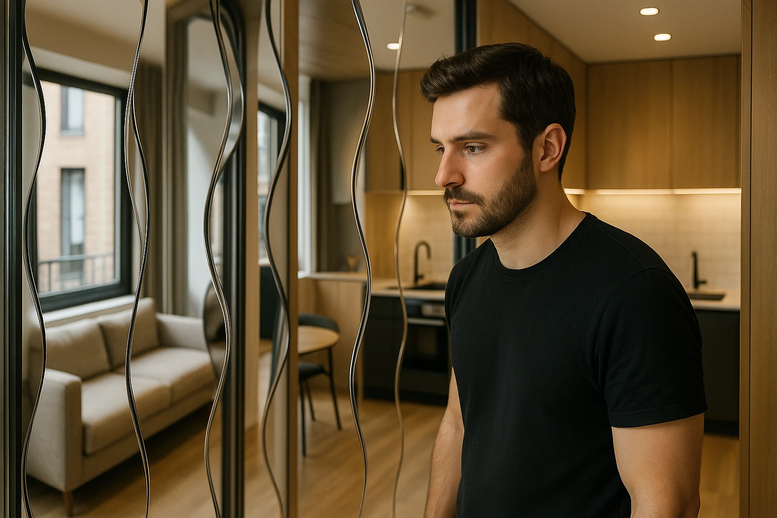 An architect observing flexible mirrors used as dividers in a stylishly compact Madrid micro-apartment.