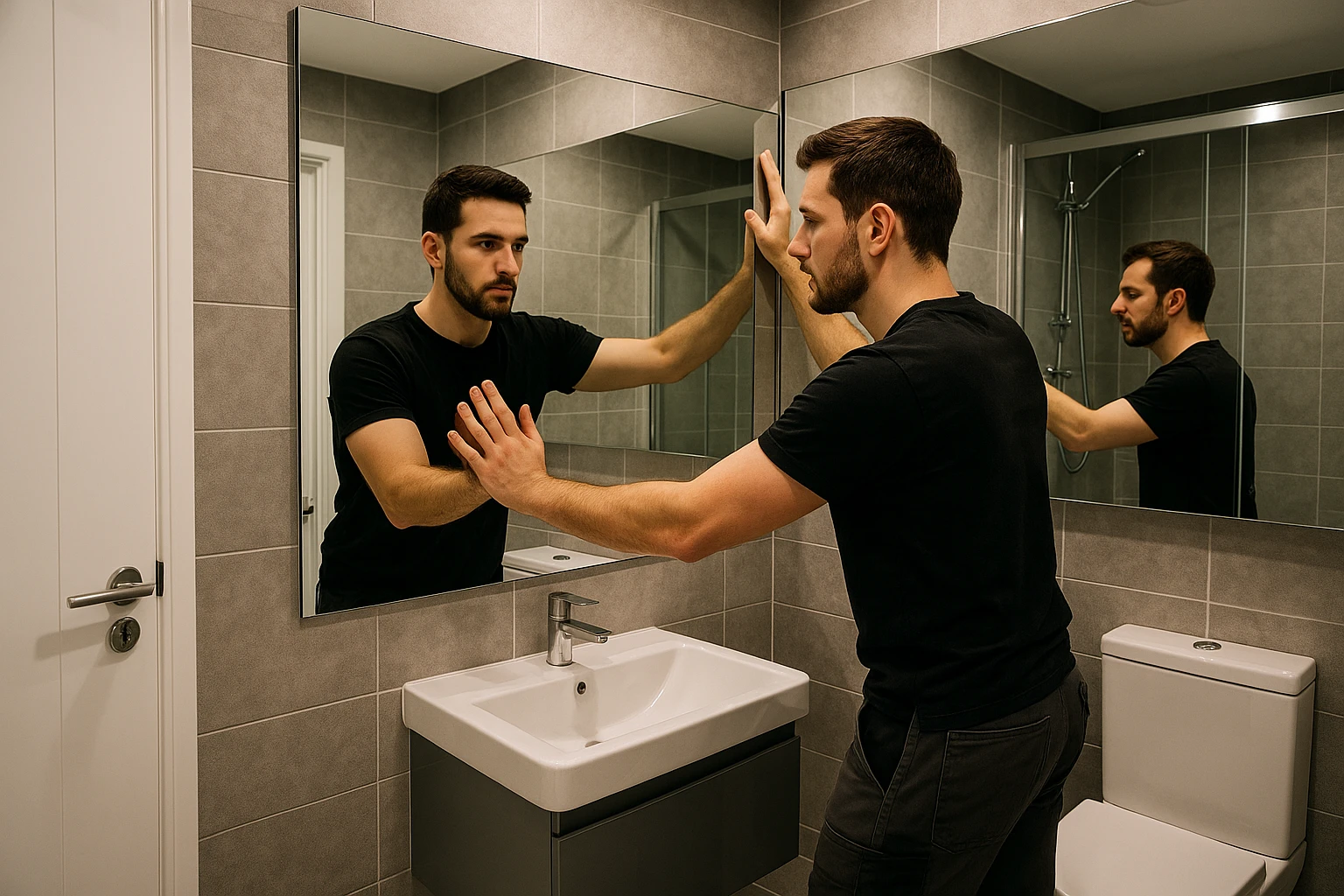 A designer fitting an oversized, wall-to-wall mirror in a small, modern UK bathroom.