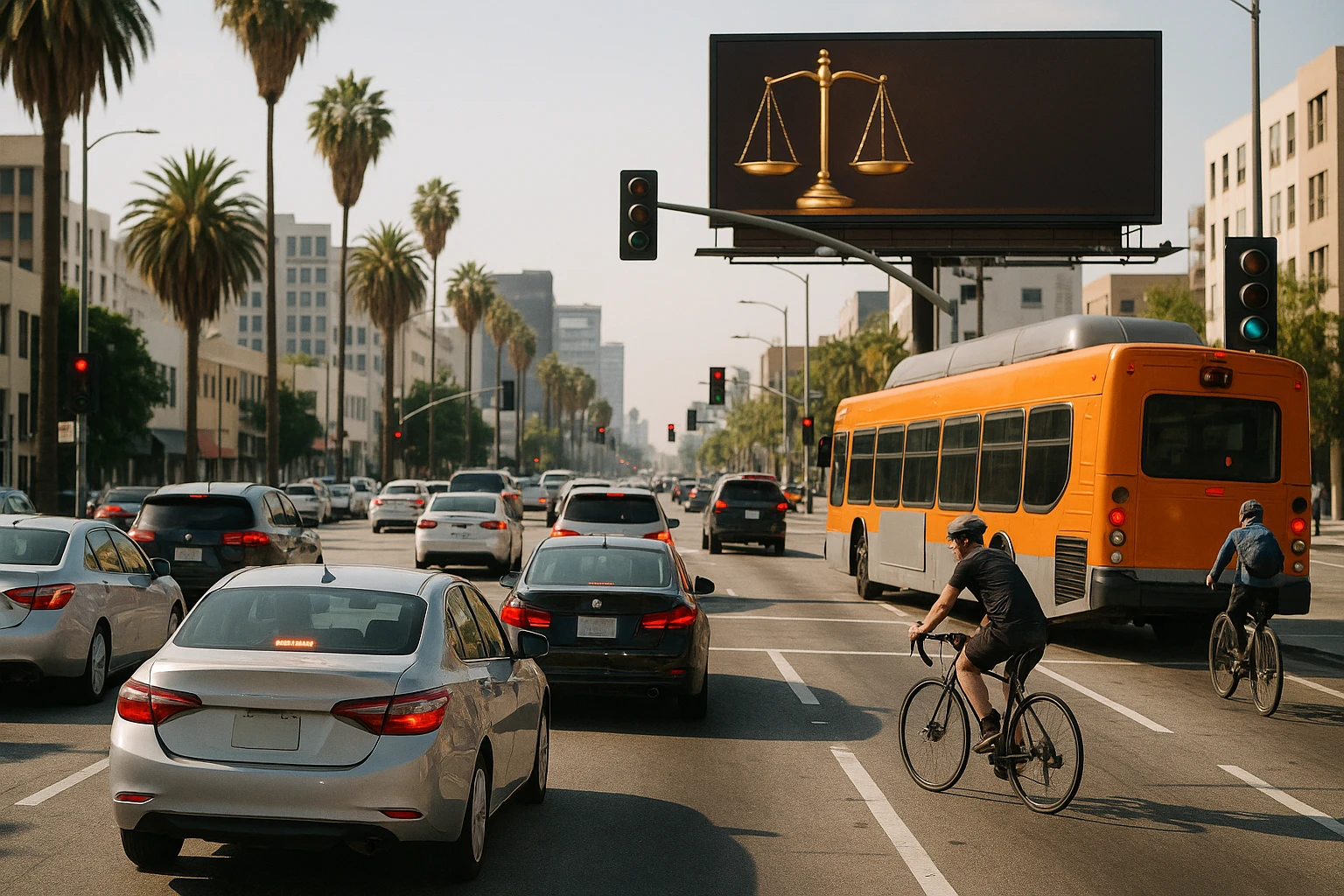 A busy Los Angeles intersection with diverse traffic including cars, buses, and cyclists, highlighting the need for personal safety; a billboard advertising a personal injury attorney with legal scales and contact information prominently displayed.