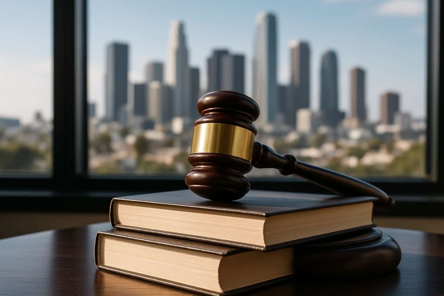 A close-up of a gavel resting on a stack of legal books with the Los Angeles skyline visible through a window in the background, symbolizing legal expertise and the city's vibrant environment.