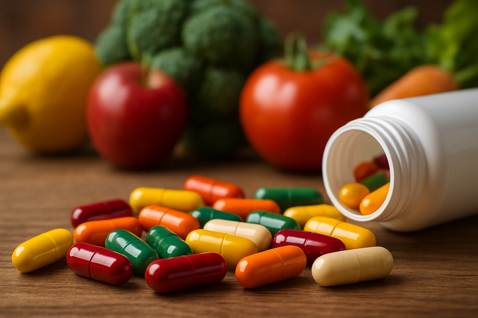 A close-up of various colorful multivitamin capsules spilled from a bottle onto a wooden table, with a background of fresh fruits and vegetables, highlighting the connection between supplements and natural sources of nutrients.