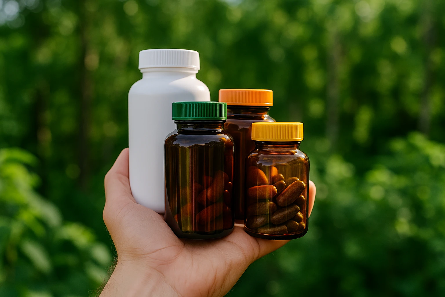 A hand holding an assortment of multivitamin bottles against a backdrop of lush greenery, symbolizing the connection between supplements and natural sources of health in an outdoor setting.