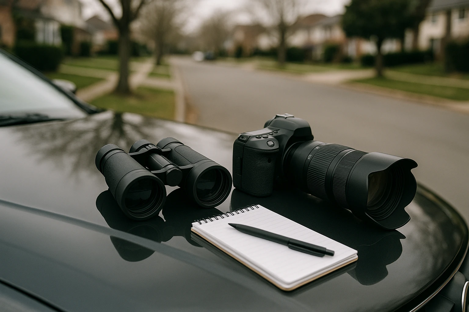 A set of surveillance tools including binoculars, a digital camera with a telephoto lens, and a notepad, all laid out on the hood of a car parked discreetly in a quiet suburban street.