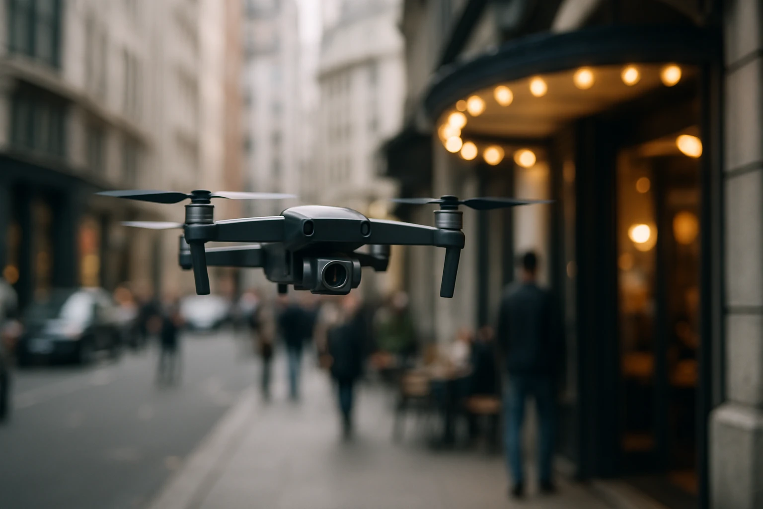 A small, unmarked drone equipped with a camera hovers quietly above a busy city street, capturing video footage of a suspected meeting spot near a café entrance.