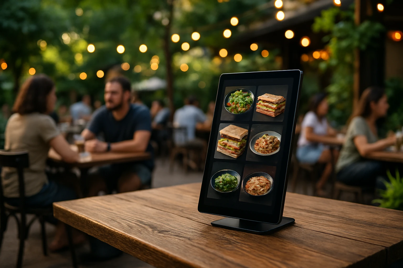 A sleek, digital menu display mounted on a rustic wooden table at a bustling outdoor café, surrounded by lush greenery and patrons enjoying their meals under string lights.