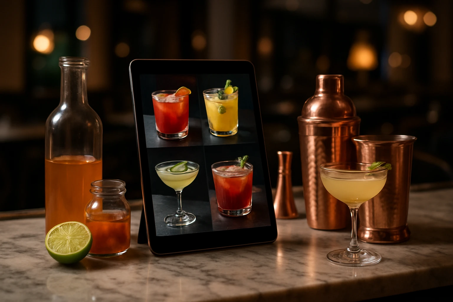 A tablet displaying a vibrant digital menu sits atop a marble bar counter, surrounded by artisanal cocktail ingredients and copper mixing tools, in a dimly lit, sophisticated indoor restaurant setting.