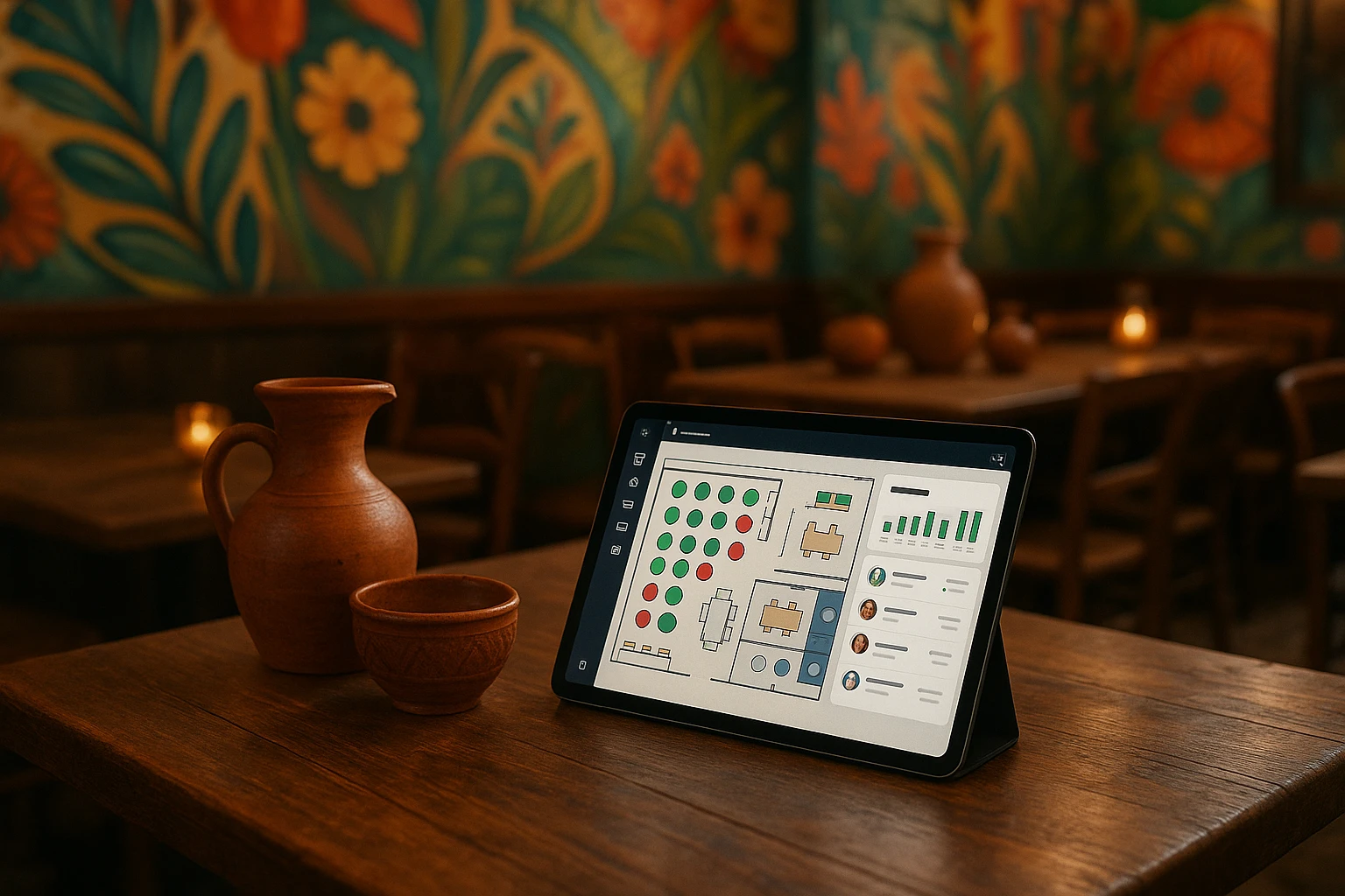A cozy restaurant setting with a digital tablet displaying a restaurant management app on a rustic wooden table surrounded by artistic decor, like colorful murals and handcrafted pottery.