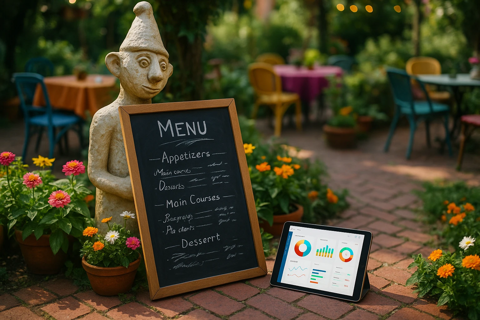 A chalkboard menu leaning against a whimsical sculpture in an outdoor restaurant garden, with a tablet nearby displaying a colorful restaurant management dashboard, surrounded by vibrant flowers and eclectic outdoor furniture.