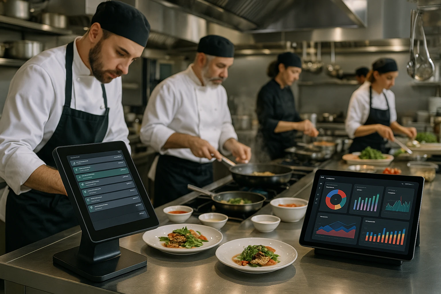 A bustling restaurant kitchen scene with chefs preparing gourmet dishes, while a touchscreen terminal with Toast's logo displays an organized list of orders, and a tablet on a counter shows the Menyo.pro dashboard with colorful graphs and analytics.