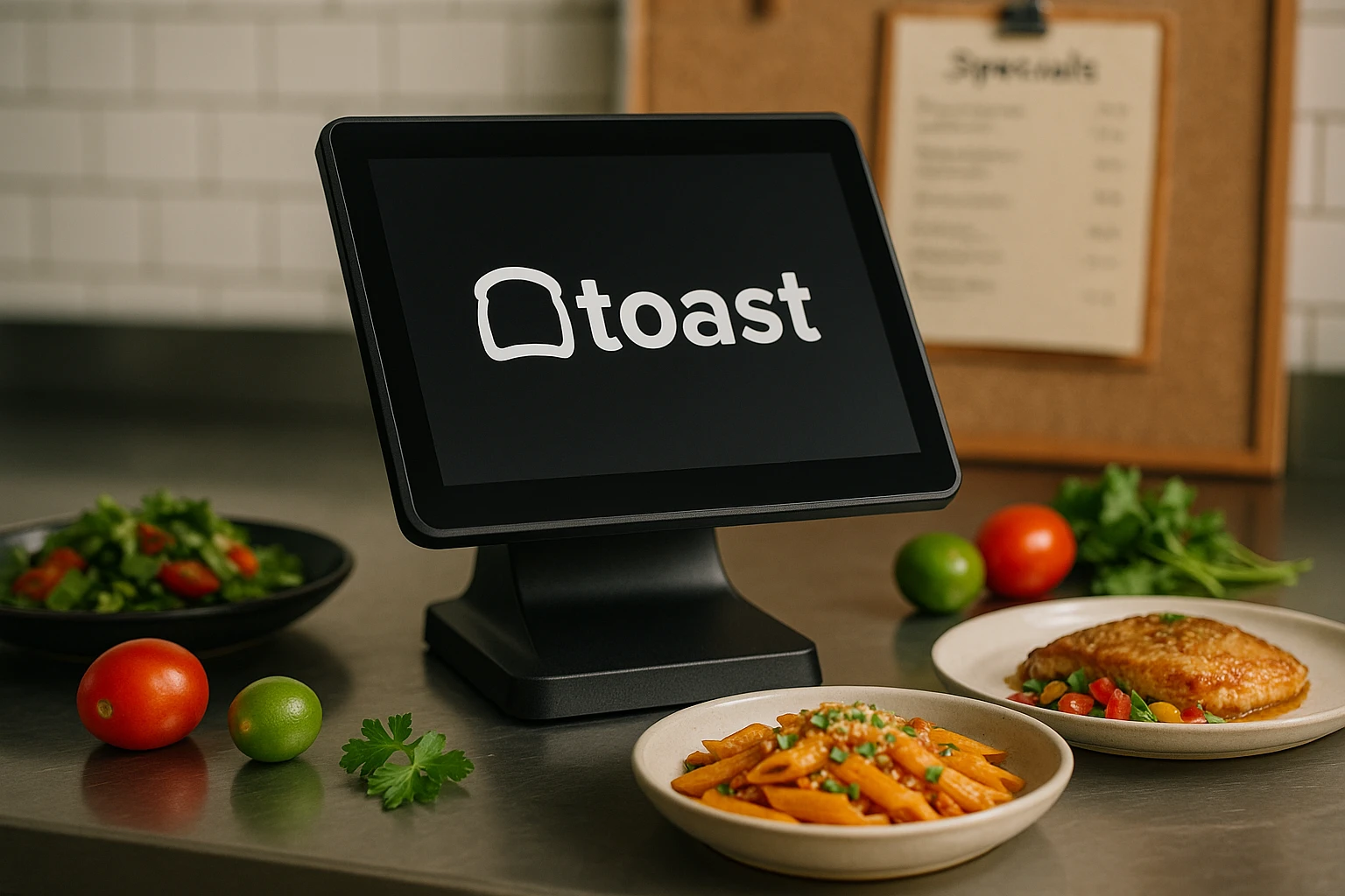 A close-up of a kitchen counter featuring a sleek, modern touchscreen terminal displaying the Toast logo, with freshly prepared dishes and vibrant ingredients surrounding it, while a paper menu marked 