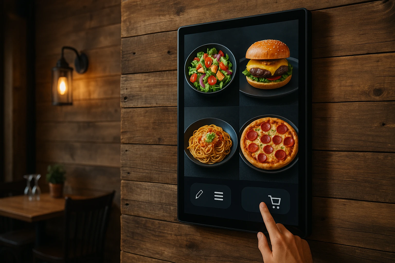 A sleek digital menu screen mounted on a rustic wooden wall in a cozy restaurant, displaying vibrant images of dishes with interactive touch options for customization and ordering.