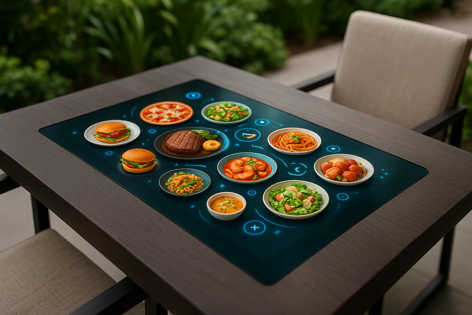 A tabletop digital menu integrated into a modern dining table at an outdoor patio, displaying a variety of animated dish icons and dynamic interactive elements, with lush greenery visible in the background.