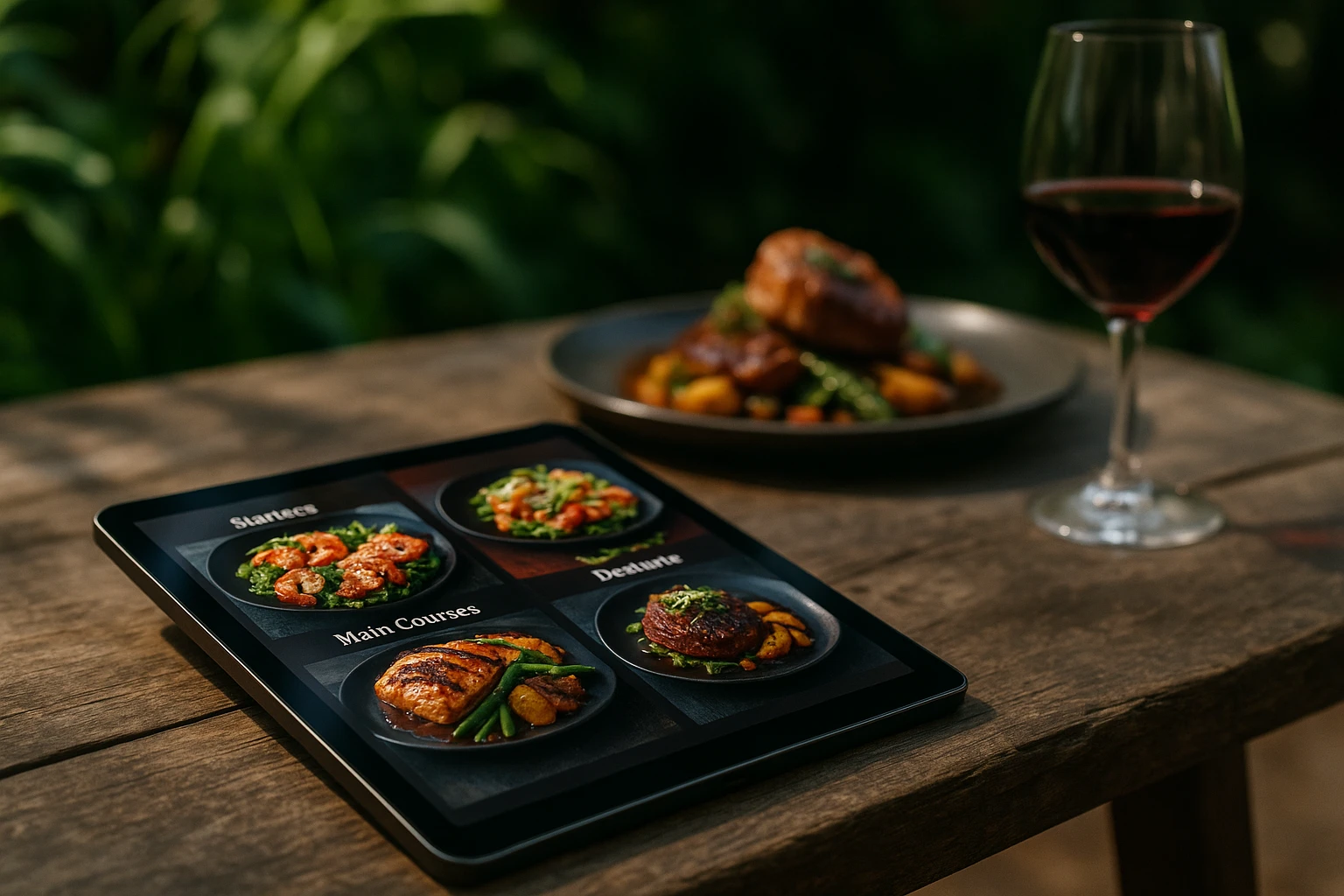 A sleek tablet displaying a vibrant digital restaurant menu, resting on a rustic outdoor table surrounded by greenery, with a gourmet dish and glass of wine in the background.