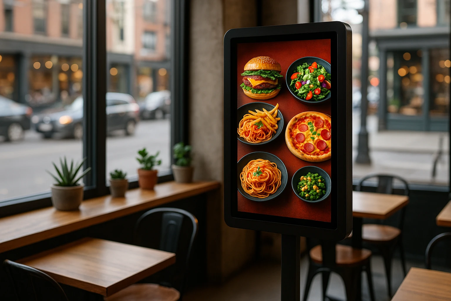 A modern digital kiosk displaying a vibrant restaurant menu, set in a stylish urban café with small potted plants and a bustling street scene visible through large windows in the background.