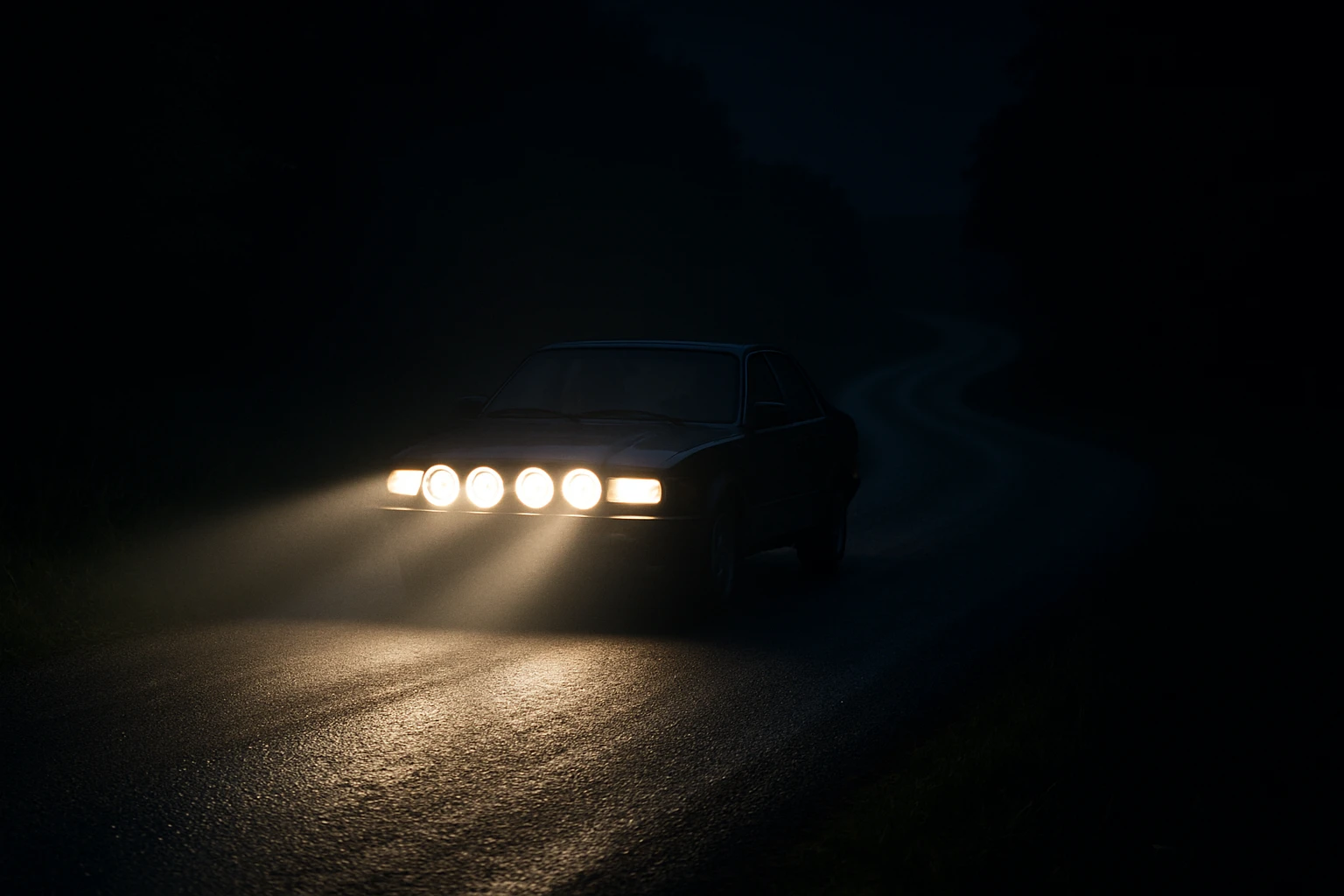A night-time scene of a car driving on a dark country road, its path illuminated by powerful additional spotlights mounted on the front, cutting through the surrounding darkness and highlighting the winding road ahead.