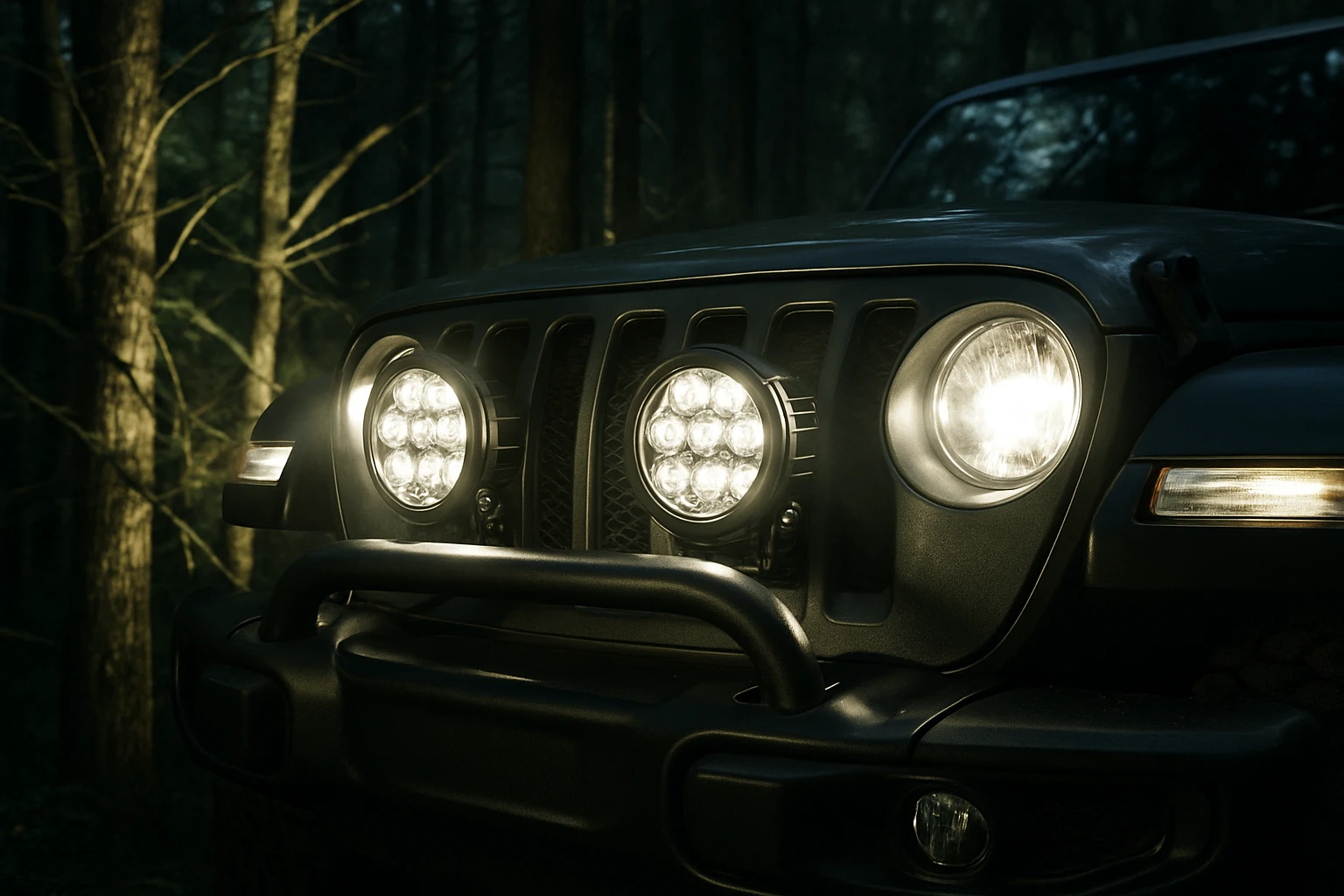 A close-up of an off-road vehicle's front grille equipped with sleek, high-intensity auxiliary lights, surrounded by dense forest, showcasing their powerful glow casting intricate shadows on the nearby trees, emphasizing rugged outdoor readiness and enhanced night visibility.